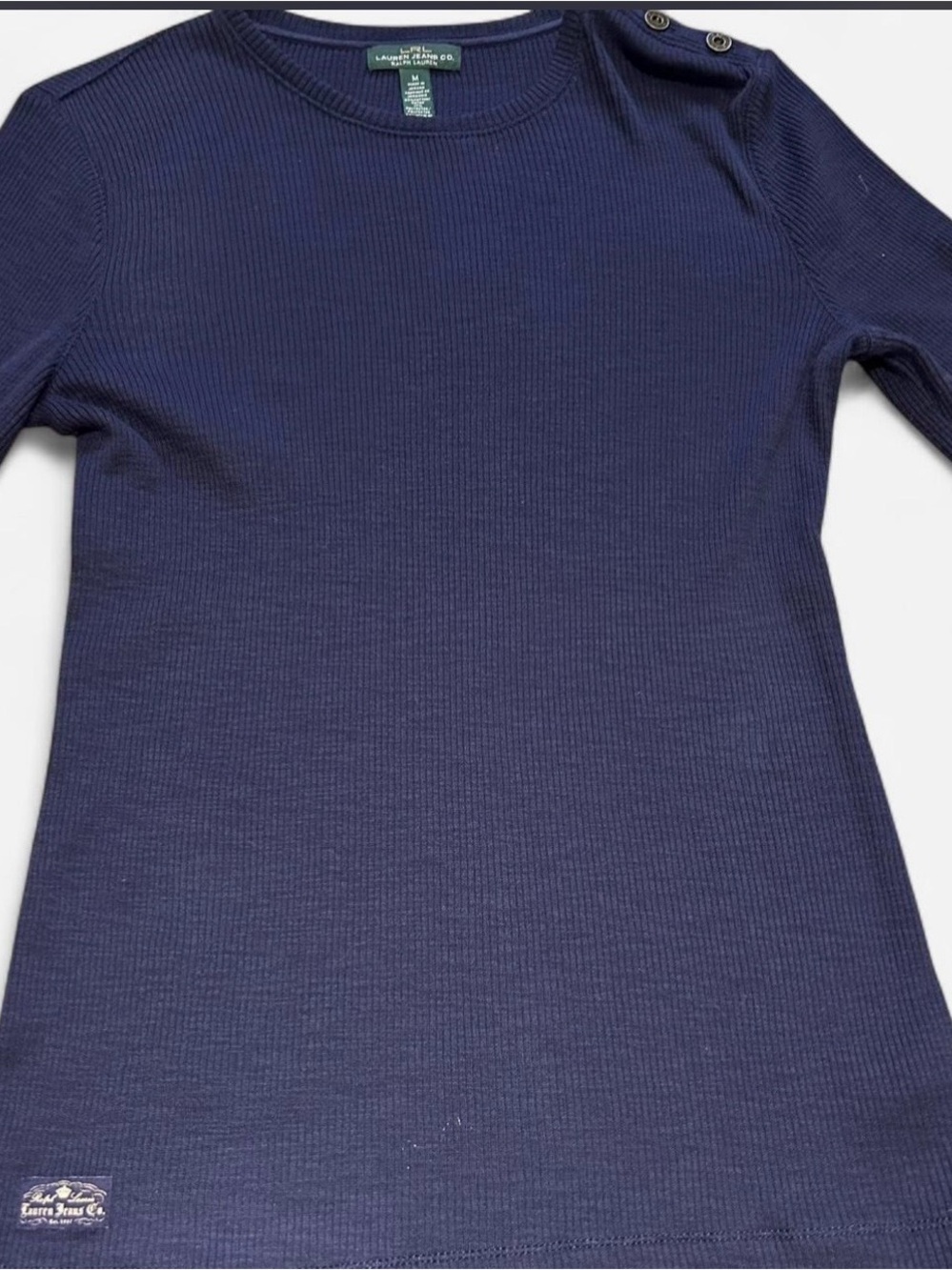 Ralph Lauren Navy Ribbed Long Sleeve Top with Shoulder Buttons